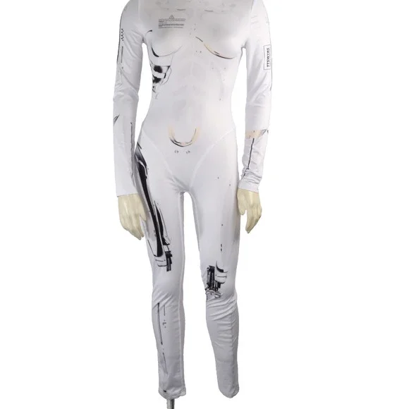 White Robotic Stretch Jumpsuit Tattoo Cyberpunk Longe Sleeve Bodysuit Size XS - Picture 1 of 14